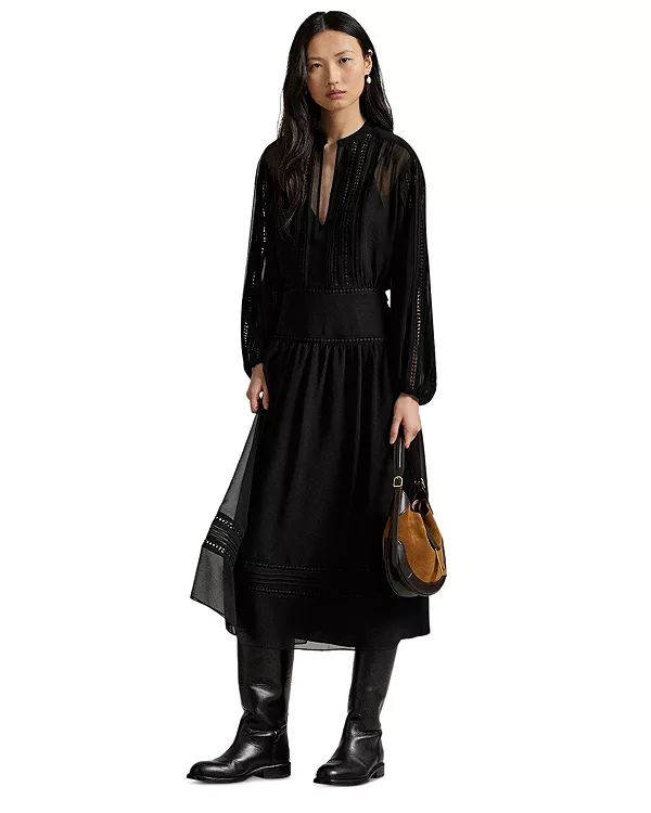 

Платье из жоржета с кружевной отделкой Ralph Lauren, черный