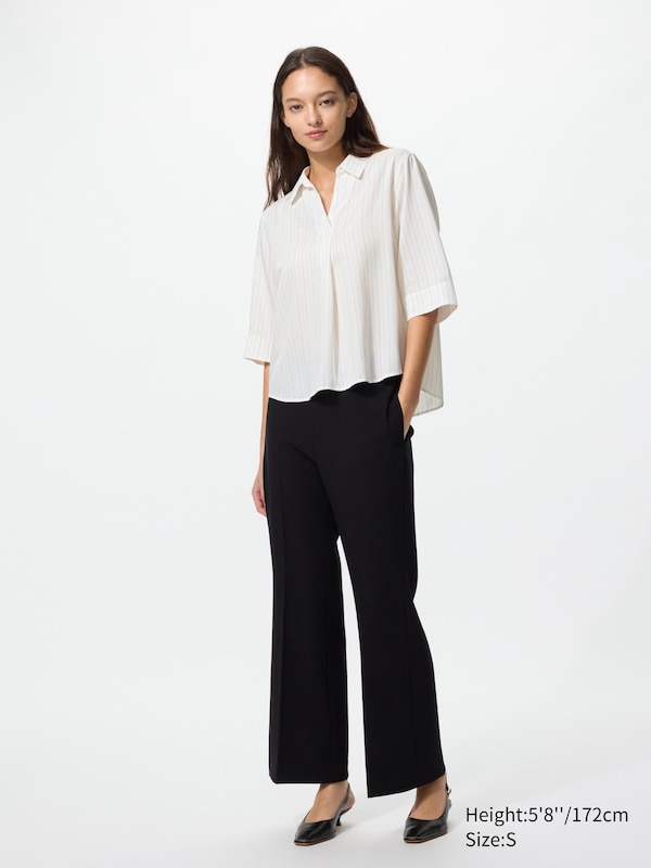 Вискозная блузка с воротником «скіппер», рукав 3/4 (в полоску) Uniqlo, 01 off white — фото 2