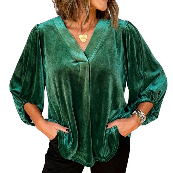 

Женская блуза с v-образным вырезом и рукавами 3/4 из бархата Clearflower, Green