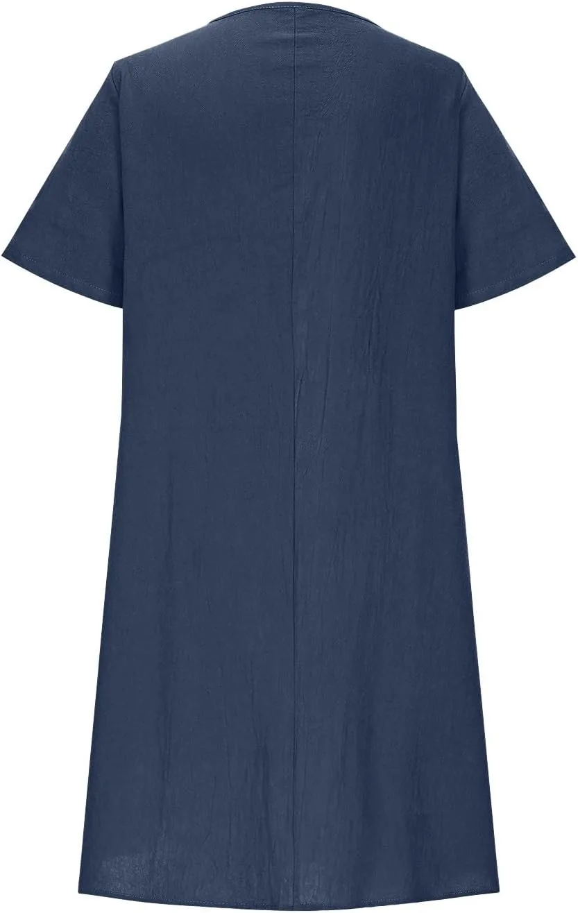 Женское платье-футболка с короткими рукавами и плиссировкой спереди, легкое, с круглым вырезом, повседневное, свободное, удобное, из хлопка и льна Generic, темно-синий — фото 3