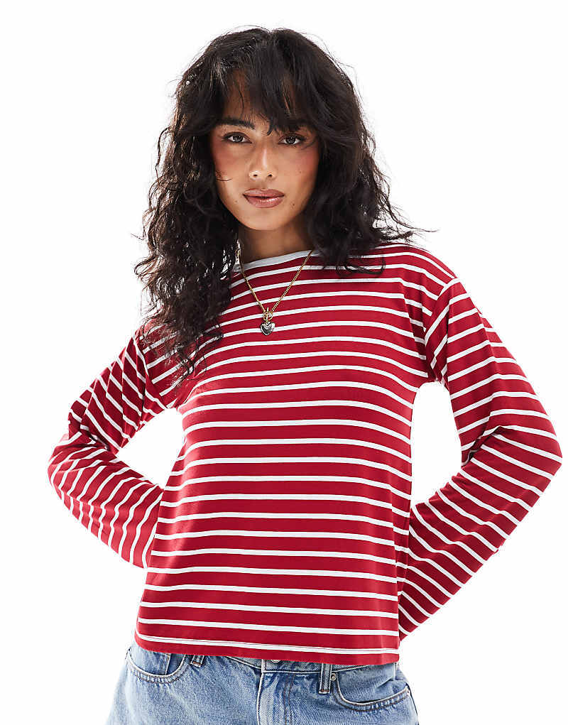 

ASOS DESIGN – красный топ цвета хаки в полоску с длинными рукавами и контрастной окантовкой