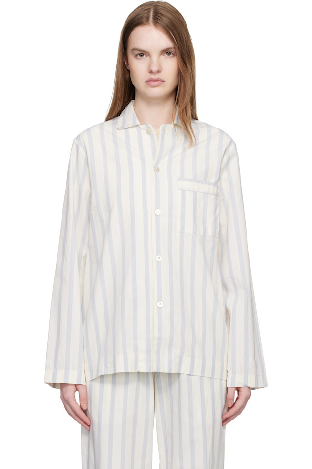 

Tekla Пижамная рубашка с длинными рукавами из поплина цвета слоновой кости и синего оттенка