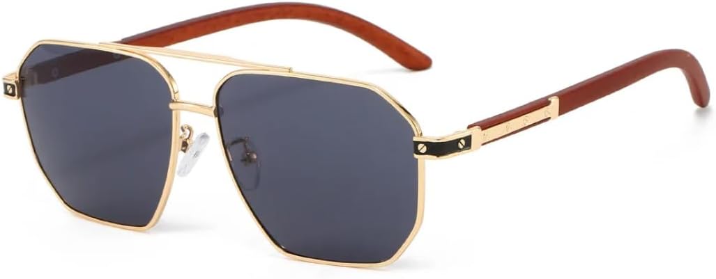 

Мужские солнцезащитные очки с текстурой дерева, двойной металлической оправой, защитой от УФ-излучения UV400, большой оправой, для повседневного ношения и путешествий TVTBBVV, Gold Black Gray