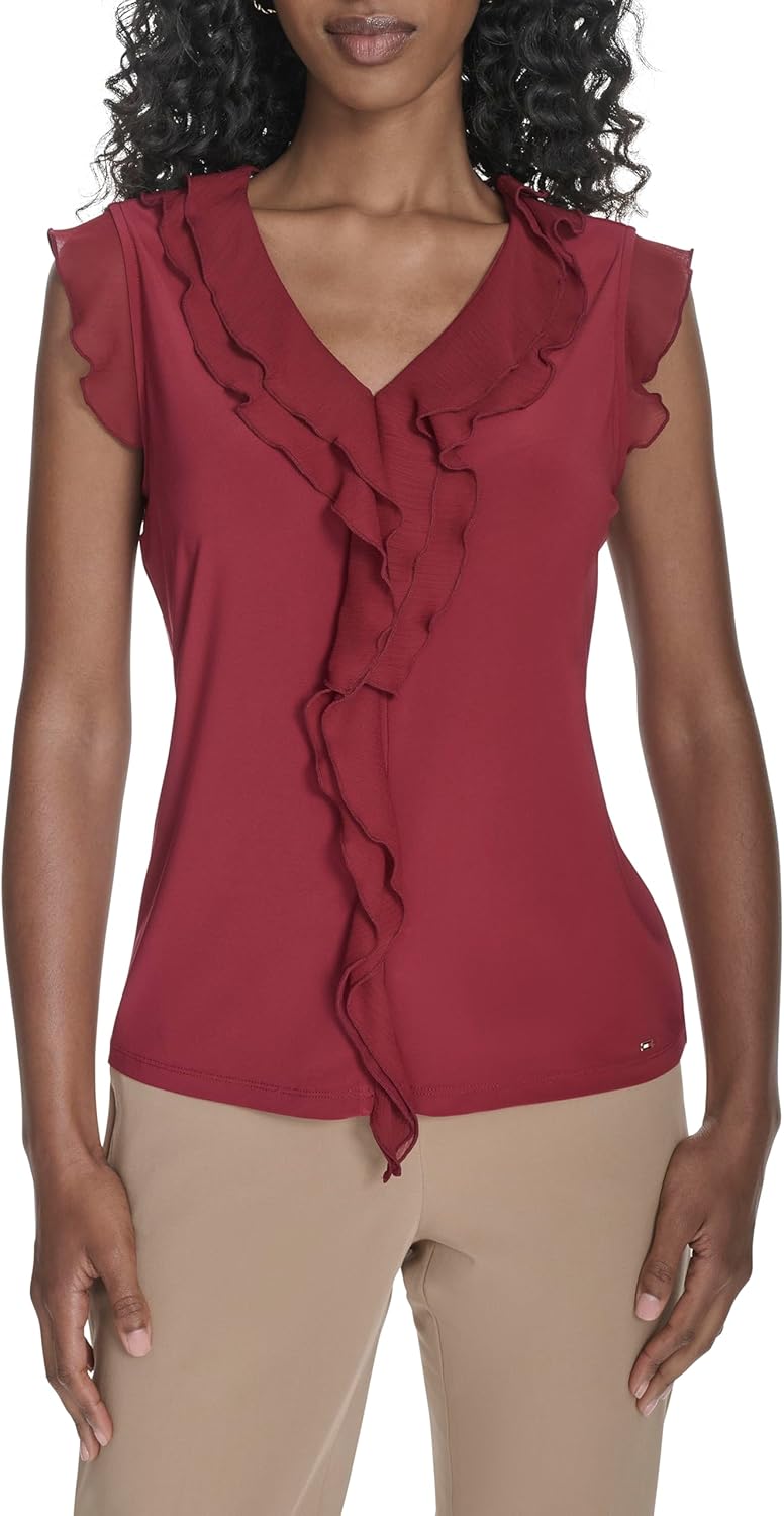 

Женская блузка без рукавов Tommy Hilfiger с рюшами спереди из микс-медиа, Crimson