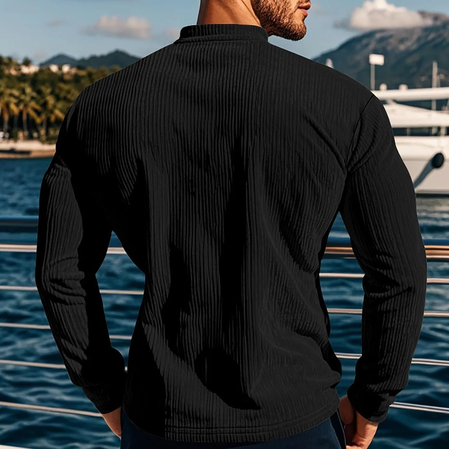 Мужская футболка-поло с длинным рукавом Slim Fit, корд, базовая облегченная, повседневная, с круглым вырезом Generic, черный — фото 2