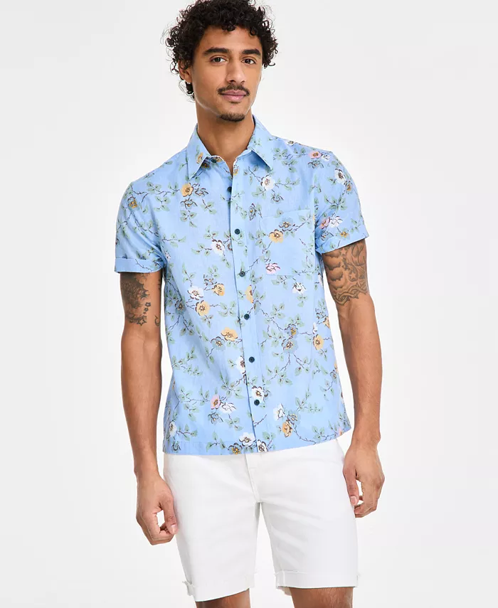 

Мужская рубашка Clyde Floral из смесового льна Sun + Stone, синий