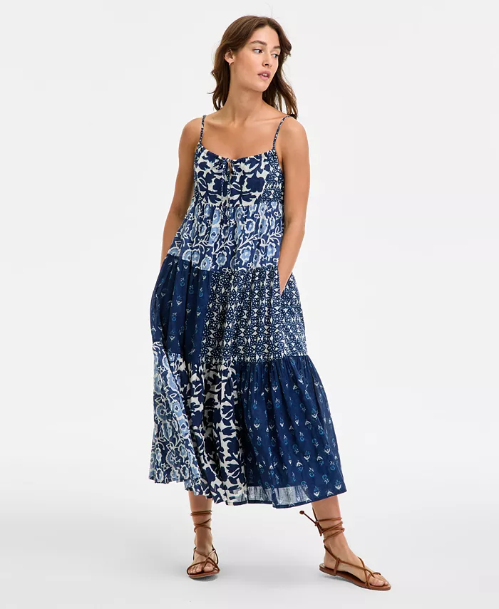 

Женское платье миди с принтом в стиле пэчворк, без рукавов и ярусное Lucky Brand, синий