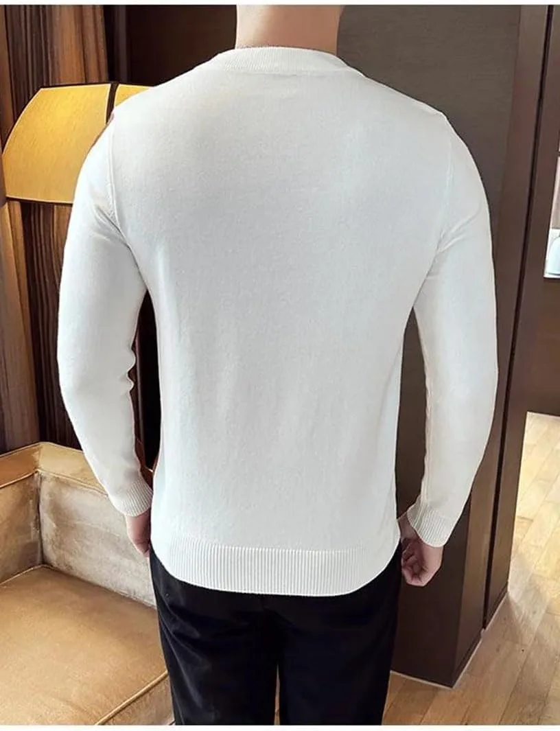 Мужской свитер с длинным рукавом и цветным пэчворком — Slim Fit O-Neck Pullover — фото 4