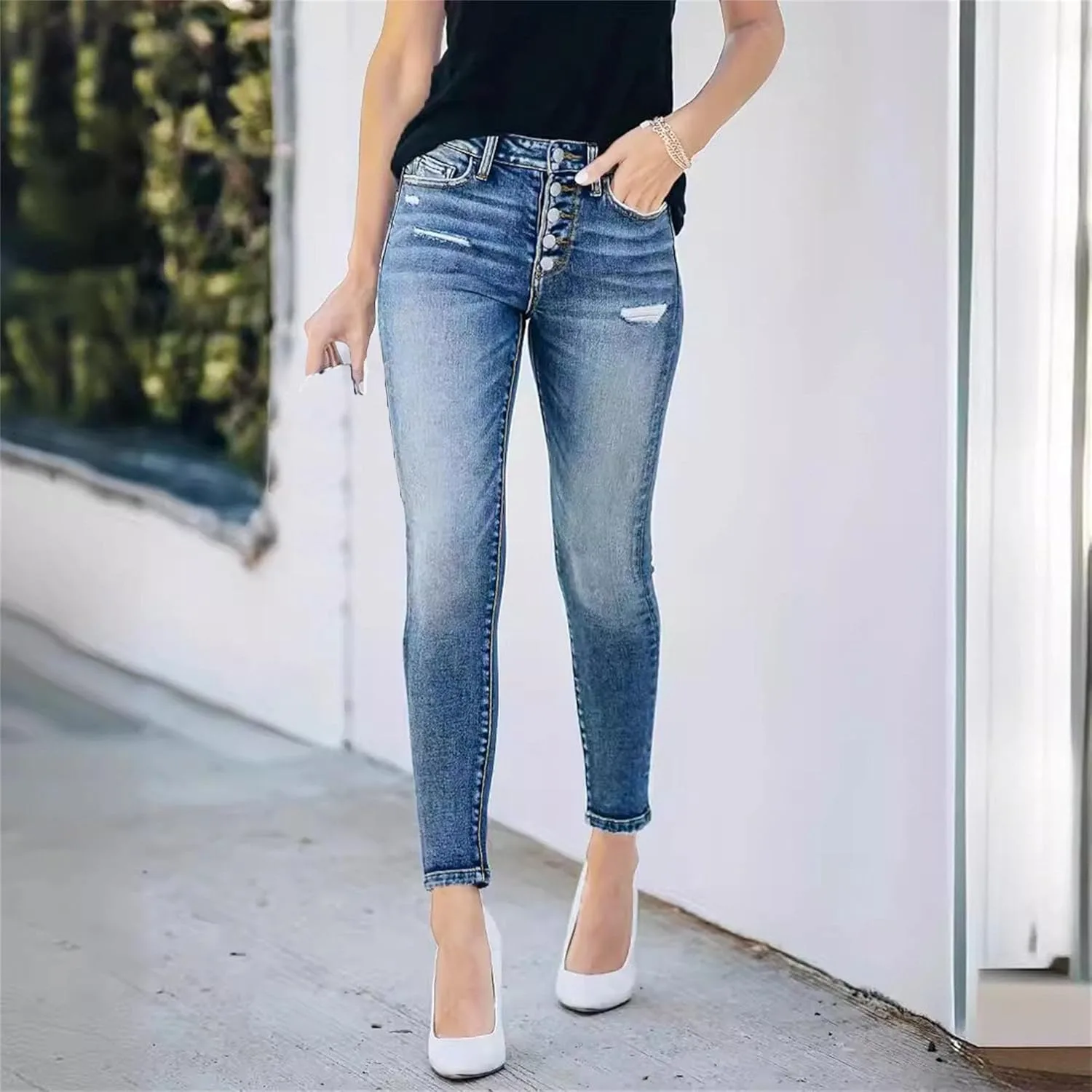 Женские скинни джинсы Ripped Distressed Stretchy Denim Mid Rise — фото 2