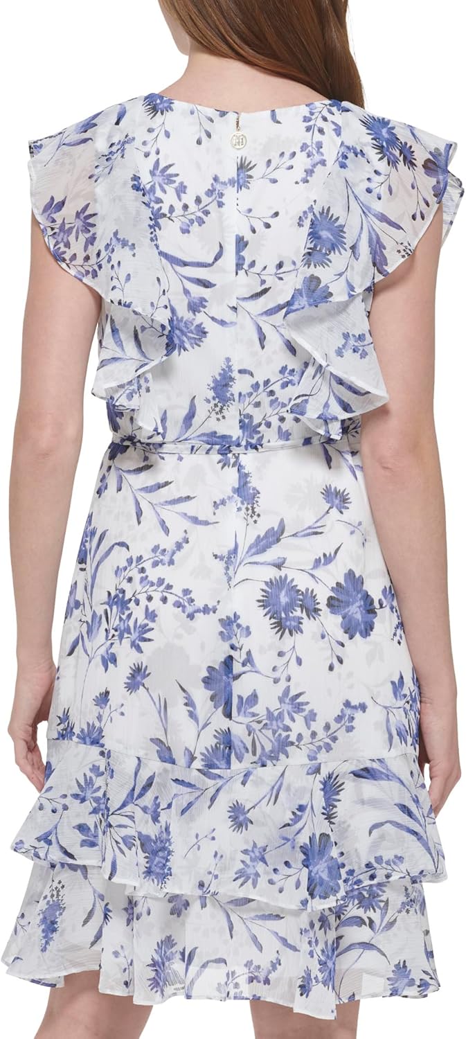 Женское шифоновое мини-платье Tommy Hilfiger с оборками и завязкой на талии, Ivory Multi — фото 4