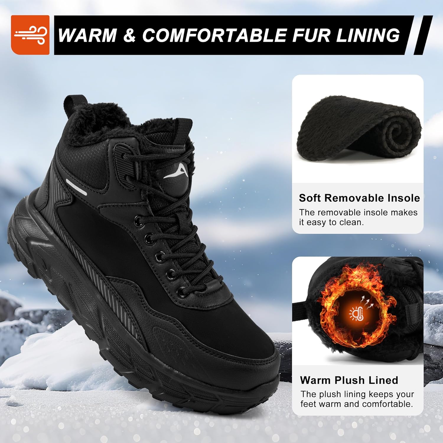 Зимние ботинки Ecetana Mens Snow: теплые, с меховой подкладкой, водонепроницаемые ботинки, удобные, легкие, короткие ботильоны, черный — фото 3