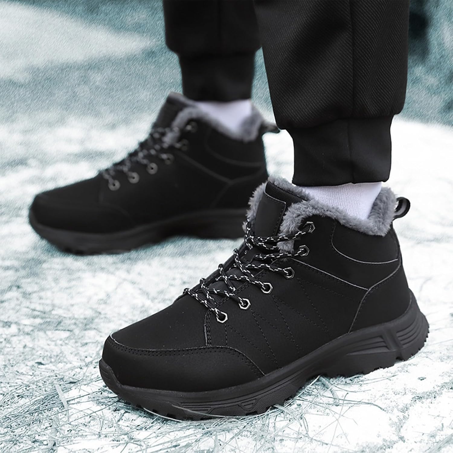 Мужские и женские зимние снежные ботинки, повседневные, легкие, водонепроницаемые, с противоскользящей подошвой, с меховой подкладкой, для походов и туризма Generic, черный — фото 3