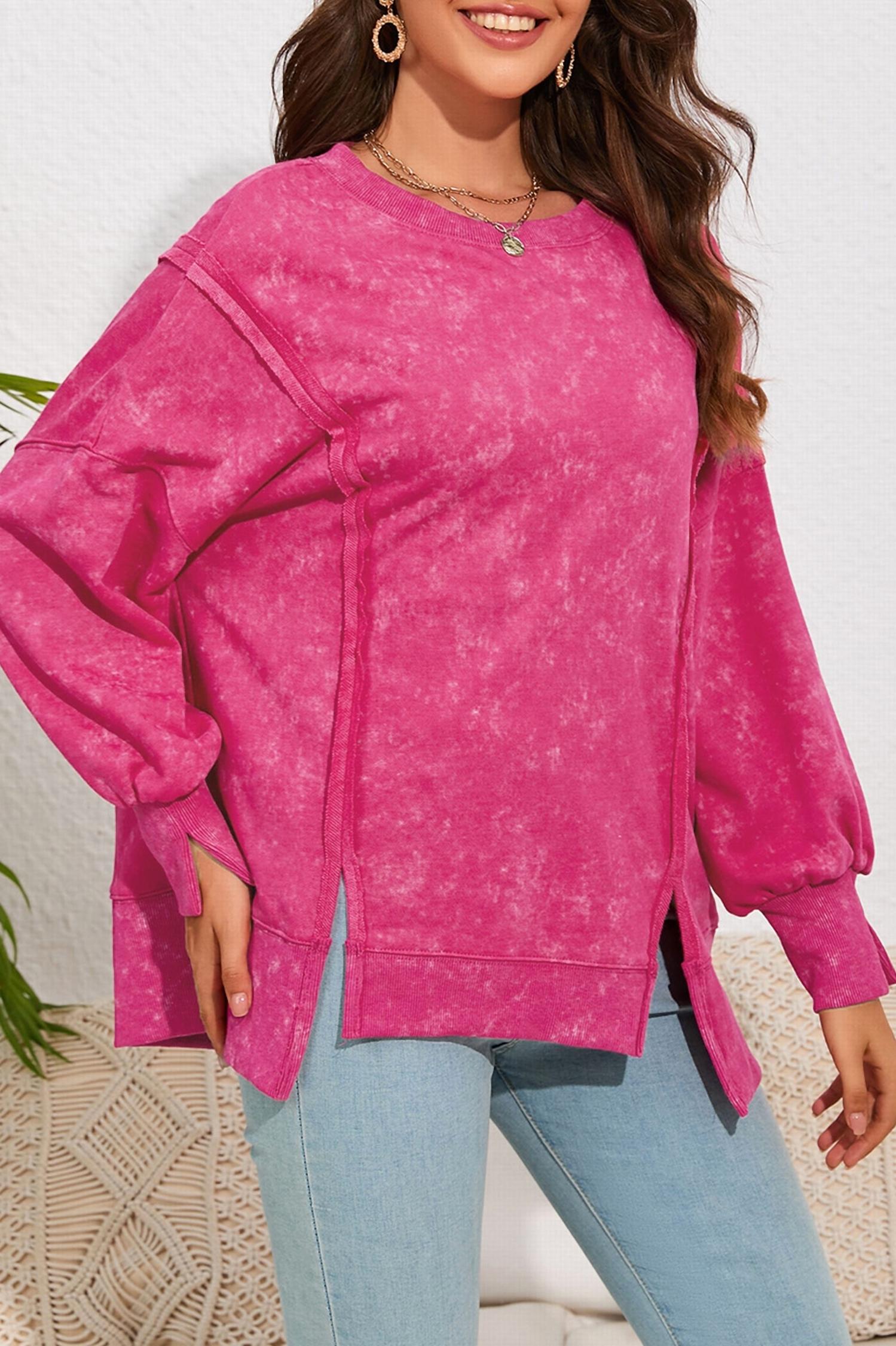 

Розовый свитшот с кислотной стиркой свободного кроя со швами и разрезами Shiying Fashion