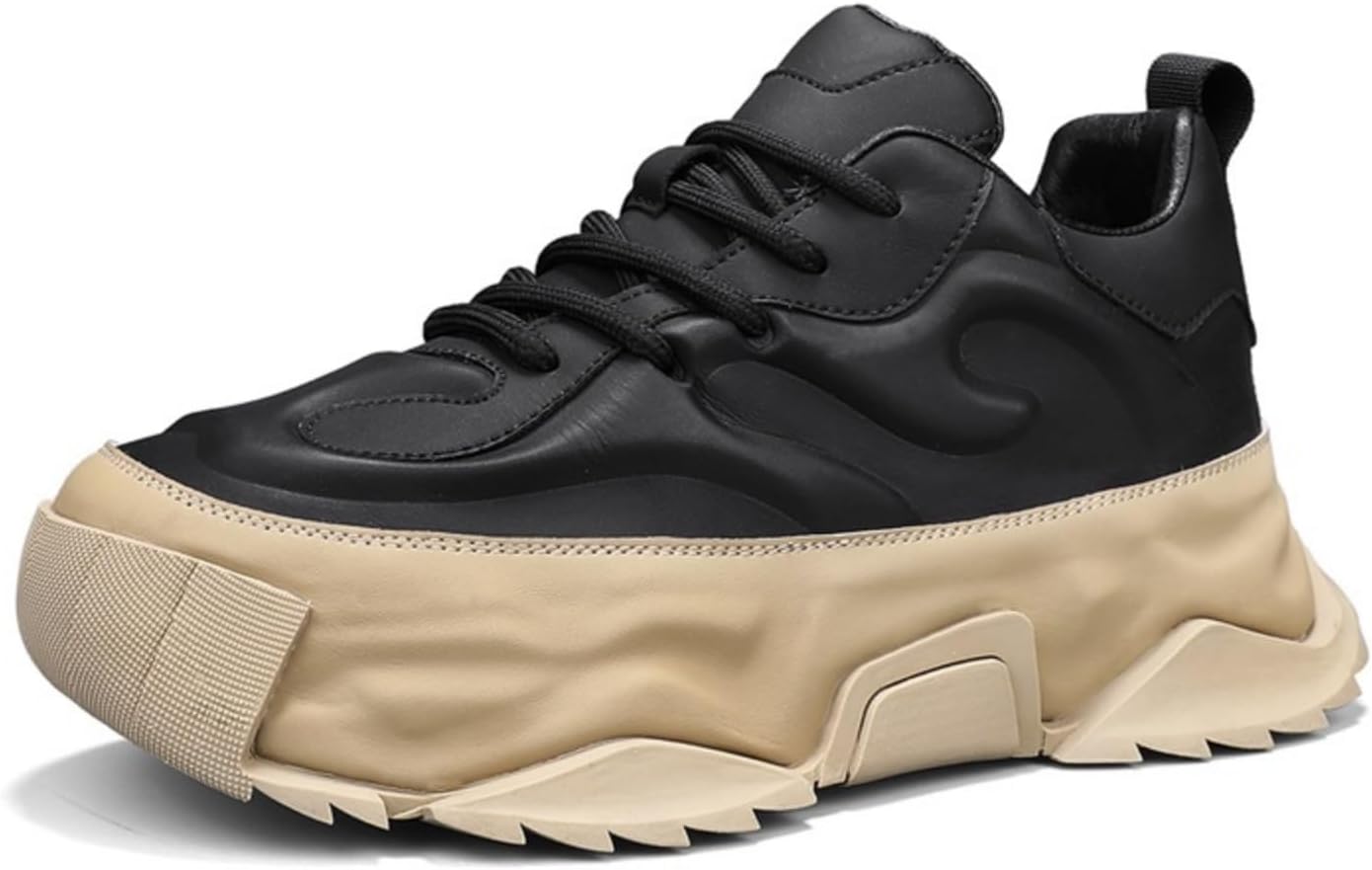 

Мужские кожаные кроссовки с массивной подошвой и шнуровкой, Ретро стиль, повседневные обувь с толстой резиновой подошвой для ежедневного ношения - удобная противоскользящая модель для легких прогулок на улице Lshwcift, черный