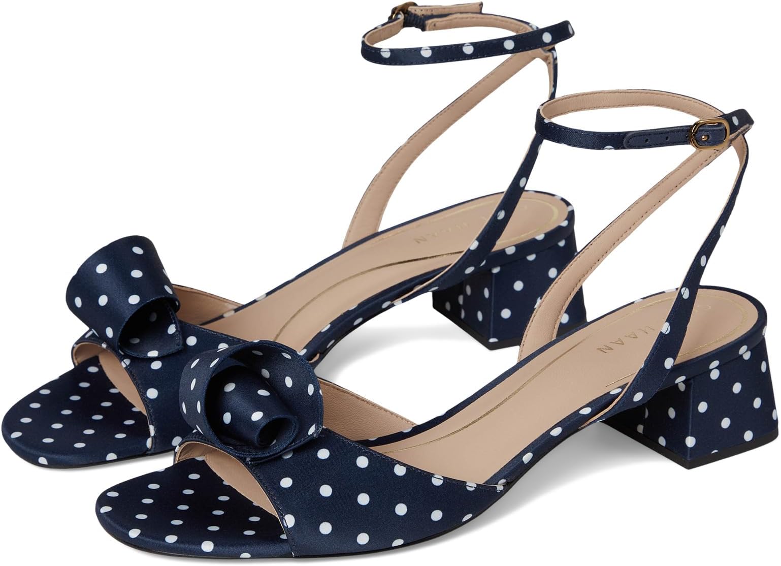 Туфли Cole Haan Women's Florette Block Heel Sandals, Navy/White Polka Dot Print Satin