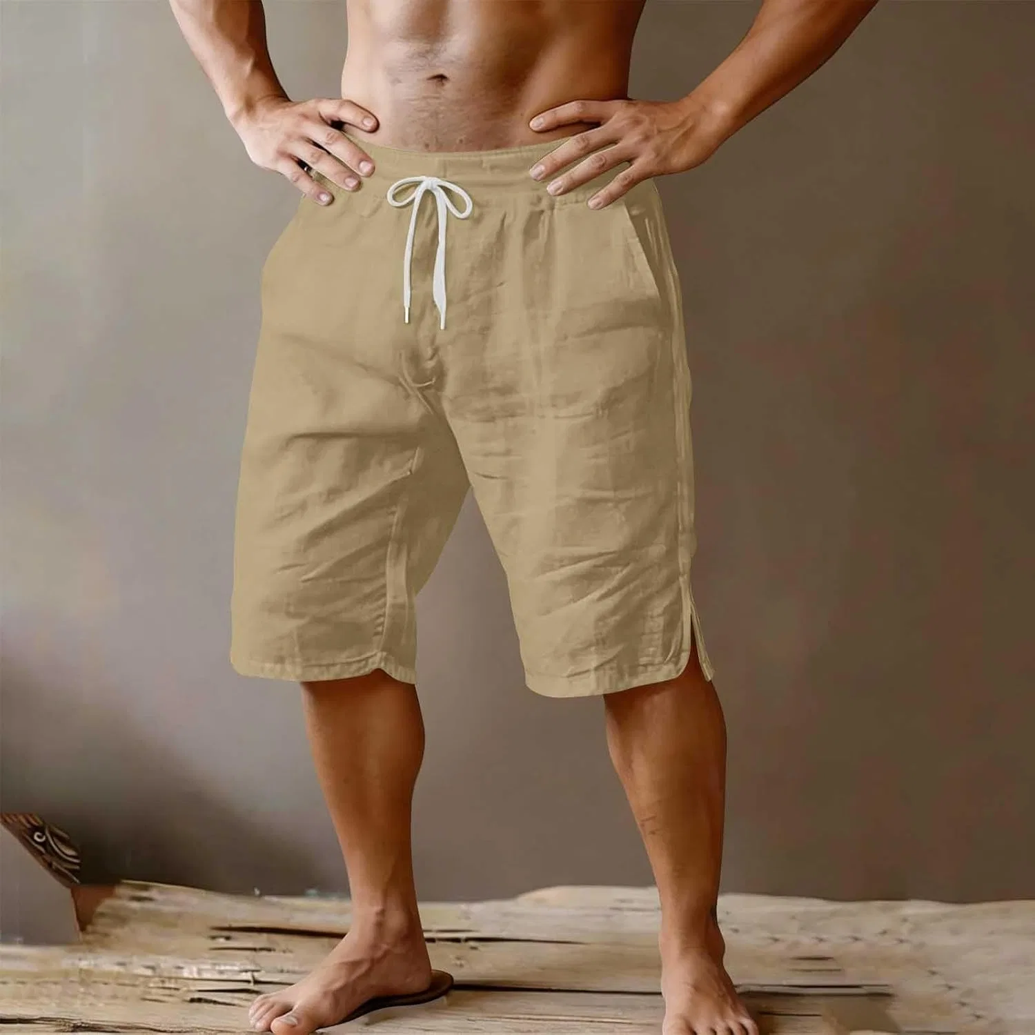 Шорты из хлопка и льна Generic, цвет Khaki — фото 3