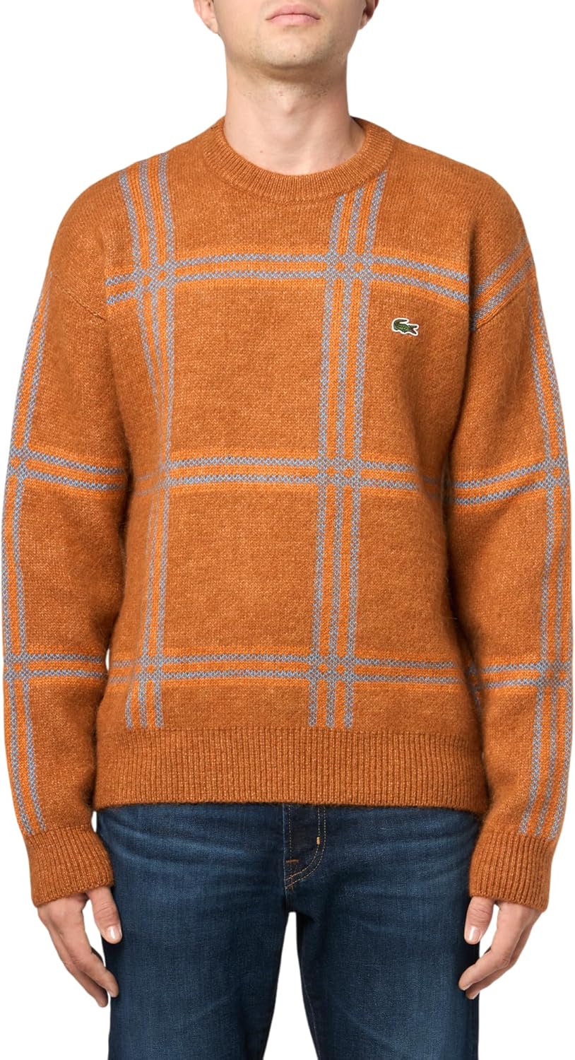 

Lacoste мужской унисекс свитер из смесовой шерсти в клетку, свободного кроя, Liquor/Argentine Blue-Cel