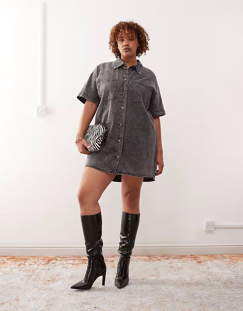 

Noisy May Curve джинсовое мини-платье-рубашка серого цвета