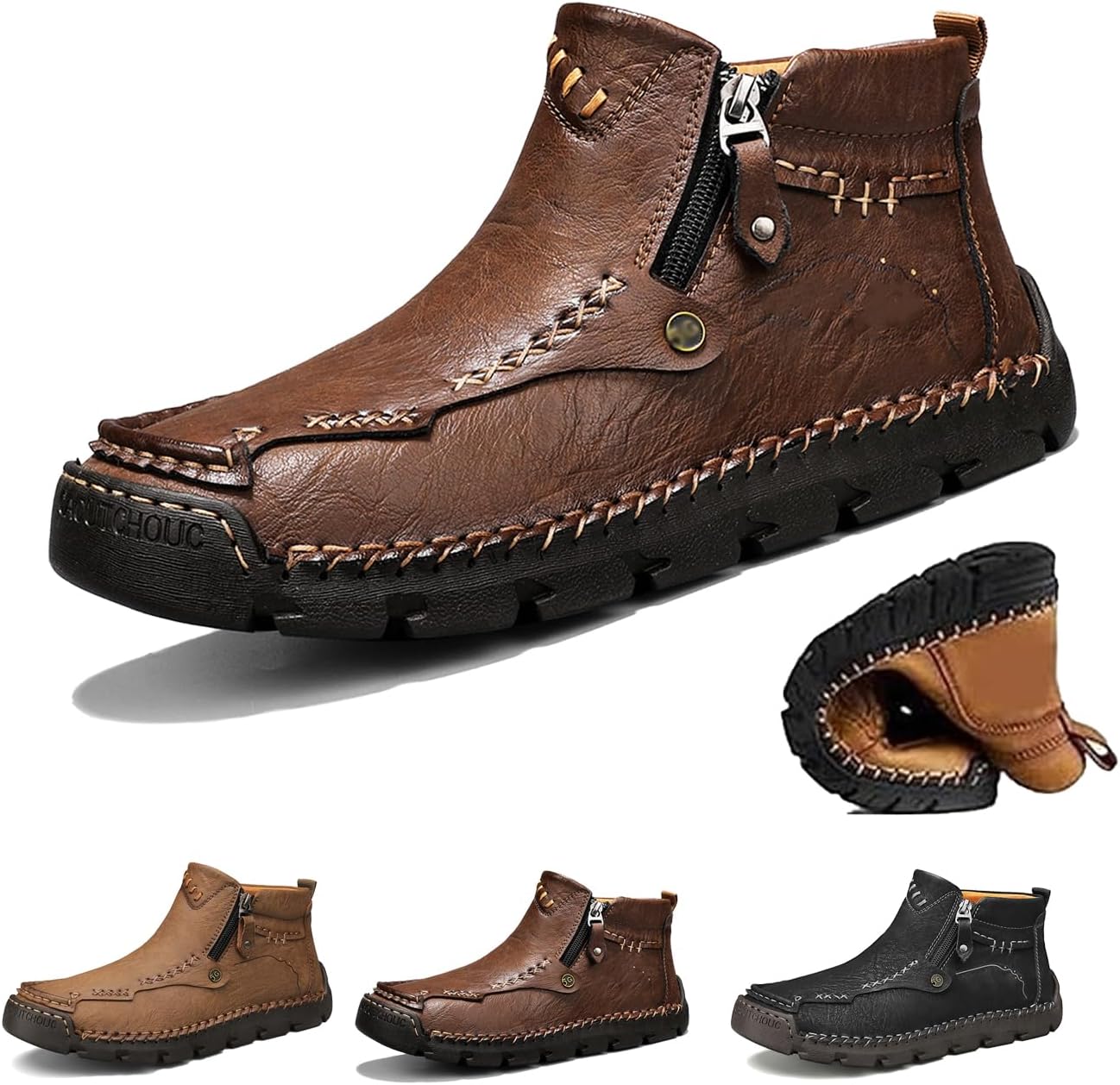 

Мужские кожаные ботинки ручной работы, мотоциклетные ботинки из искусственной кожи, мужские повседневные кожаные туфли, широкий носок, водонепроницаемые, противоскользящие Generic, темно-коричневый