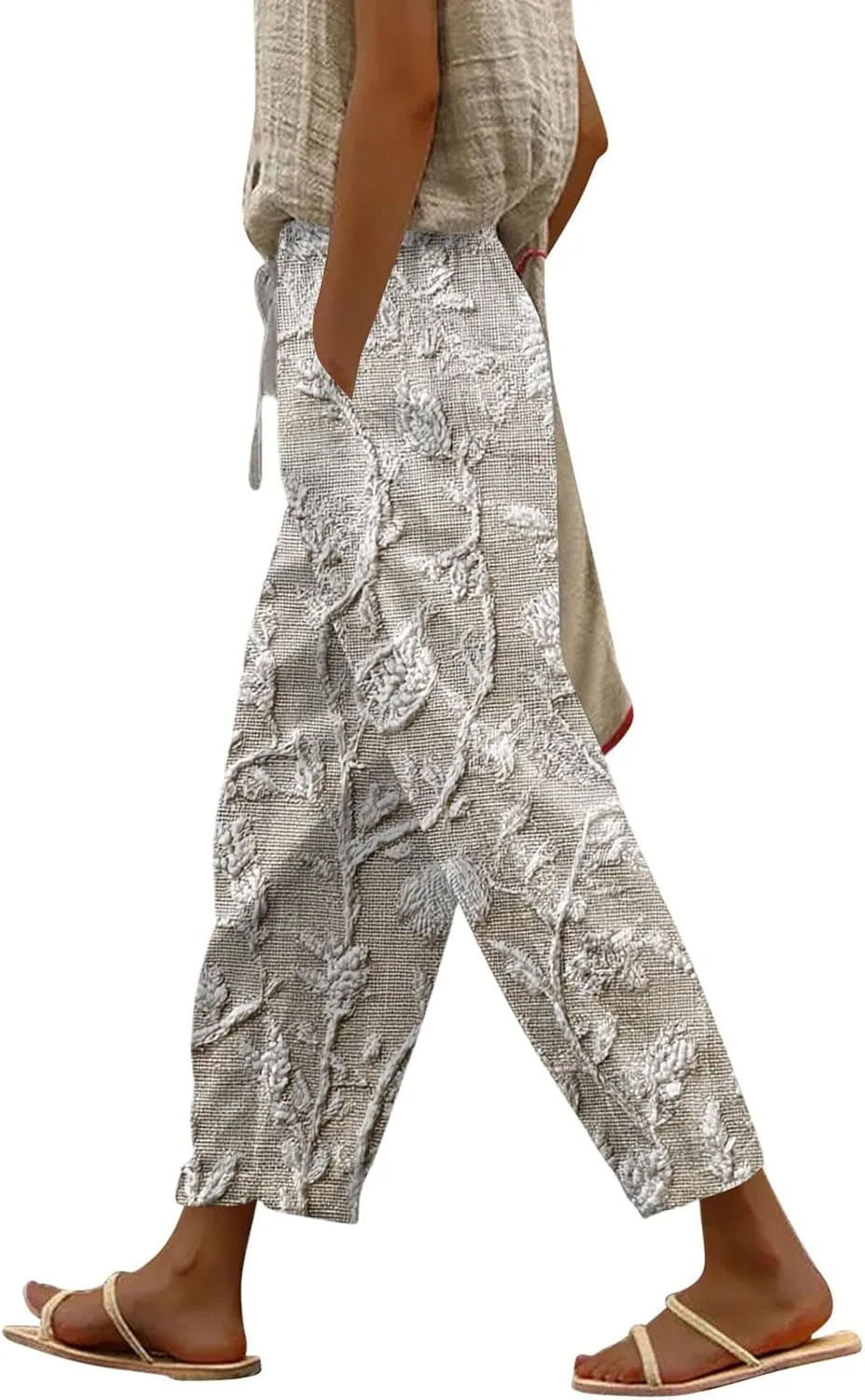 Штаны для женщин Casual Linen летние штаны с эластичной талией, летние капри, прямые, свободного кроя, с карманами generic, хаки