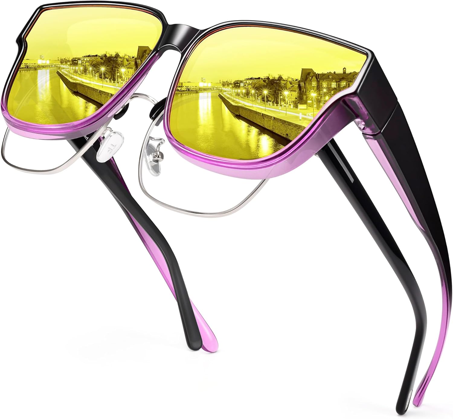 

Поляризованные солнцезащитные очки URUMQI, надеваемые поверх обычных очков, для женщин, защита UV400, модные квадратные солнцезащитные очки для женщин и мужчин, B05 Gradient Purple Frame/Night Vision Lens