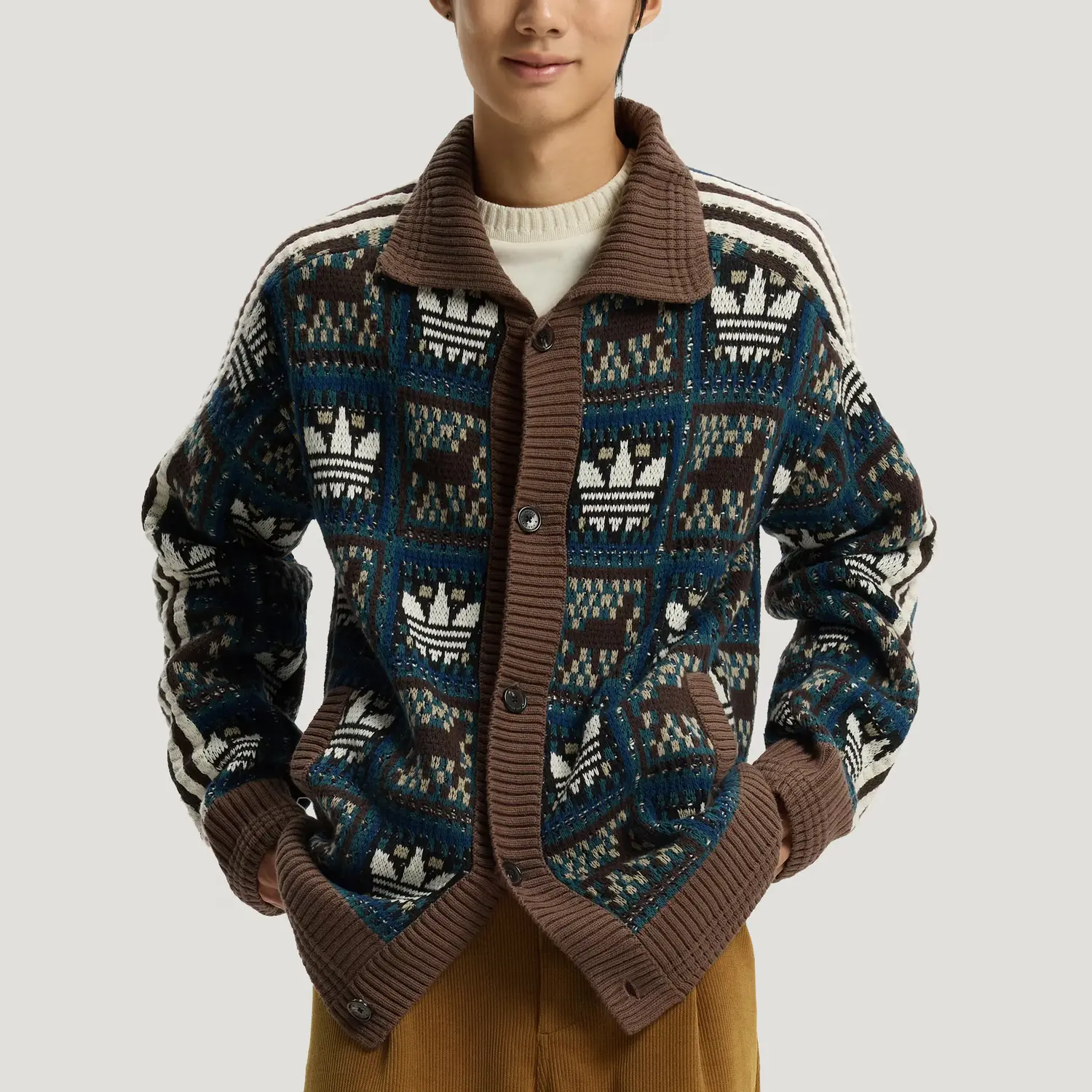 FW25 CRAFTED JACKET SWEATER Вязаный свитер Унисекс Adidas Originals, темно синий/синий зеленый/коричневый/белый — фото 4