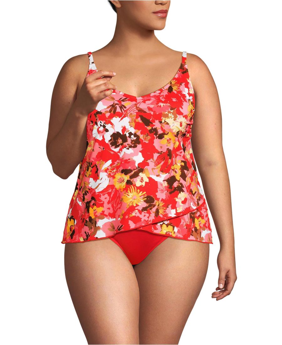

Топ-танкини с тюльпановидным подолом больших размеров Lands' End, Daylily red multi floral