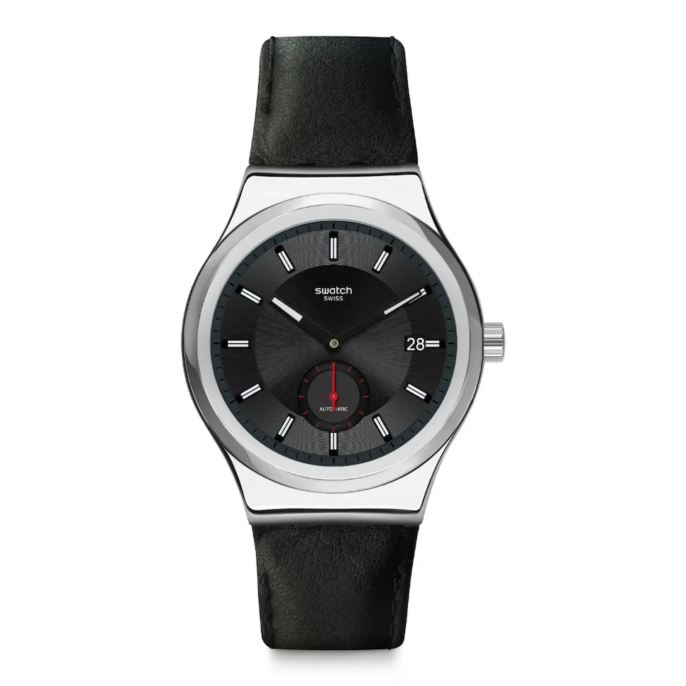 

Часы Petite seconde черного цвета с черным кожаным ремешком Swatch, черный