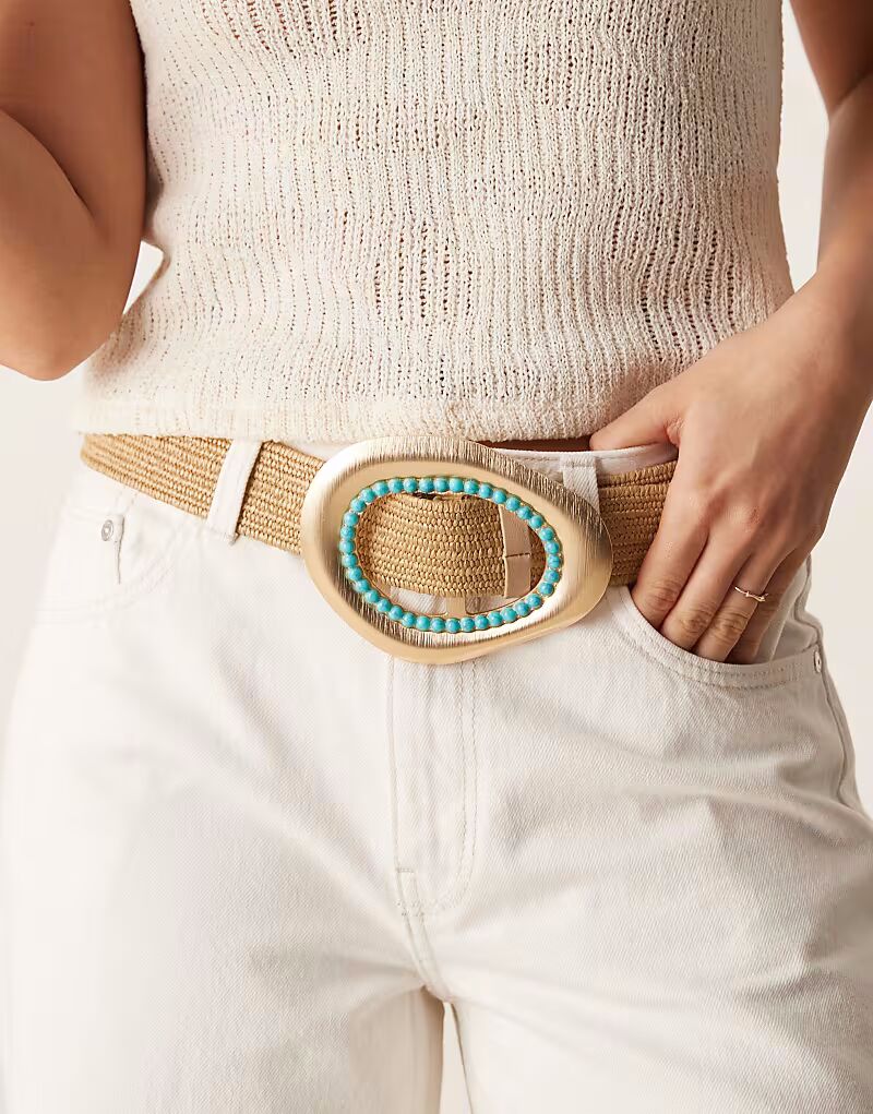 

Соломенный ремень ASOS DESIGN с эффектной бирюзовой и золотой пряжкой