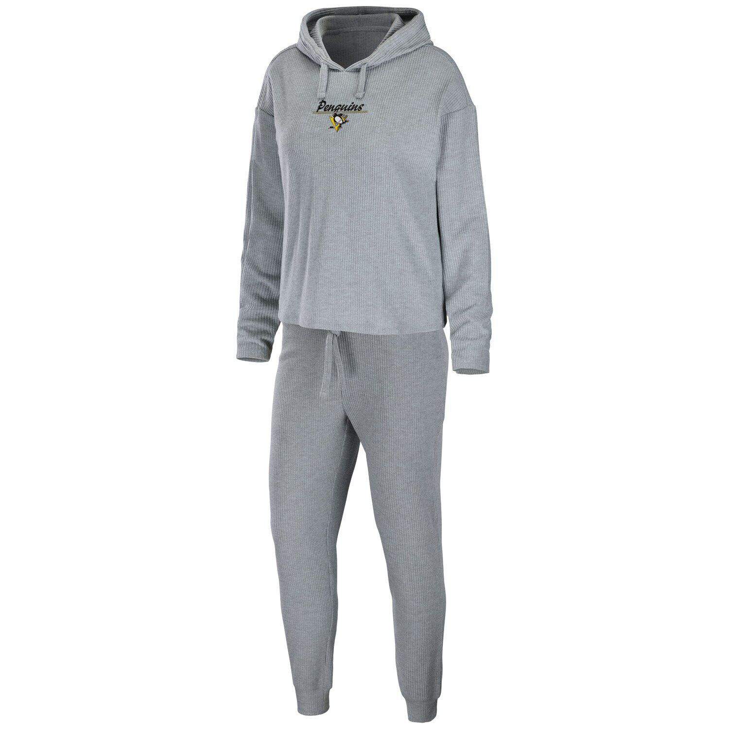 

Женская одежда Erin Andrews Heather Grey Pittsburgh Penguins с логотипом, пуловер с капюшоном и брюки, комплект для сна