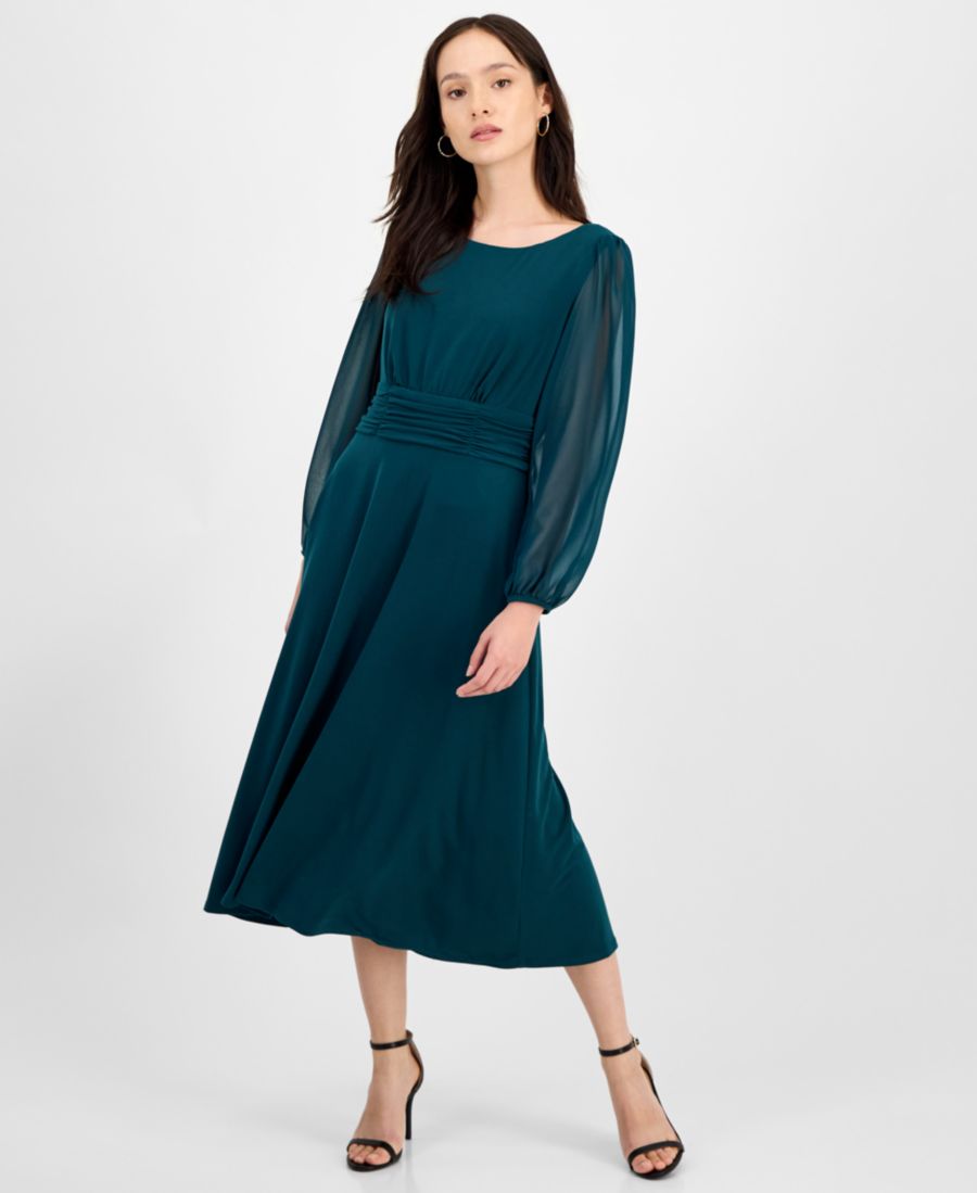 

Укороченное миди-платье с присборенной талией и прозрачными рукавами Connected, Dxs