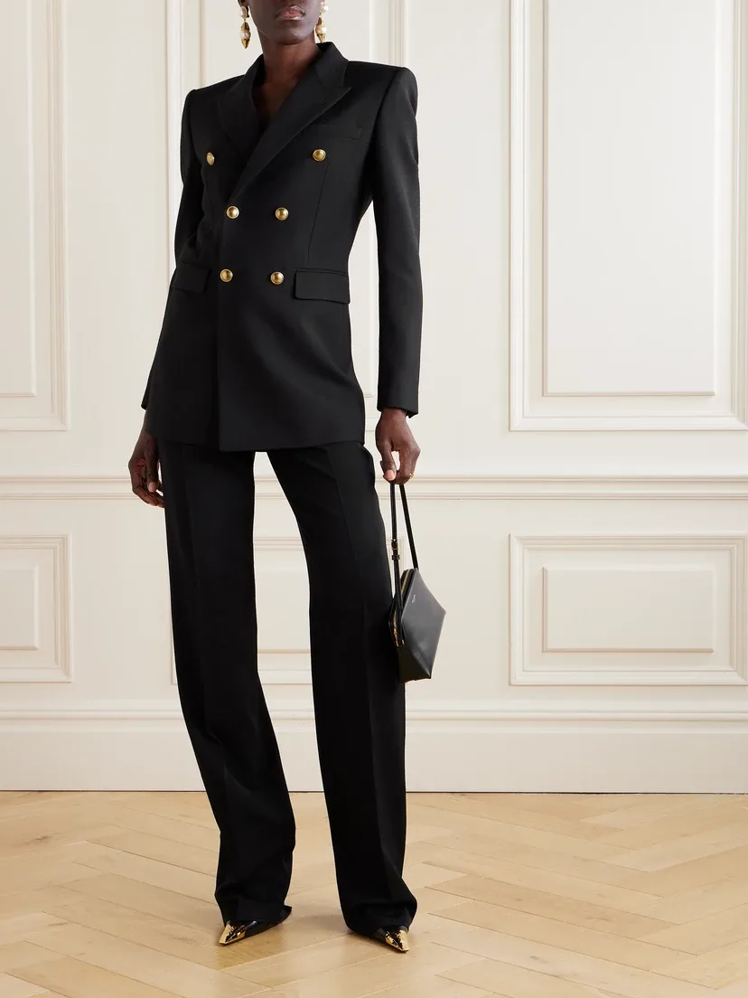 Двубортный пиджак из шерстяного габардина SAINT LAURENT, черный — фото 2