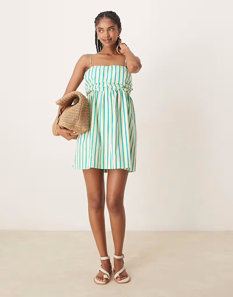 

Мини-платье-бандо на пуговицах с присборенным бюстом в сине-желтую полоску Asos Design