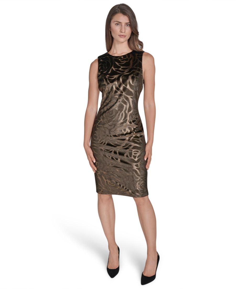 

Женское платье-футляр без рукавов из бархата с рельефным рисунком Halston, Gold/Black