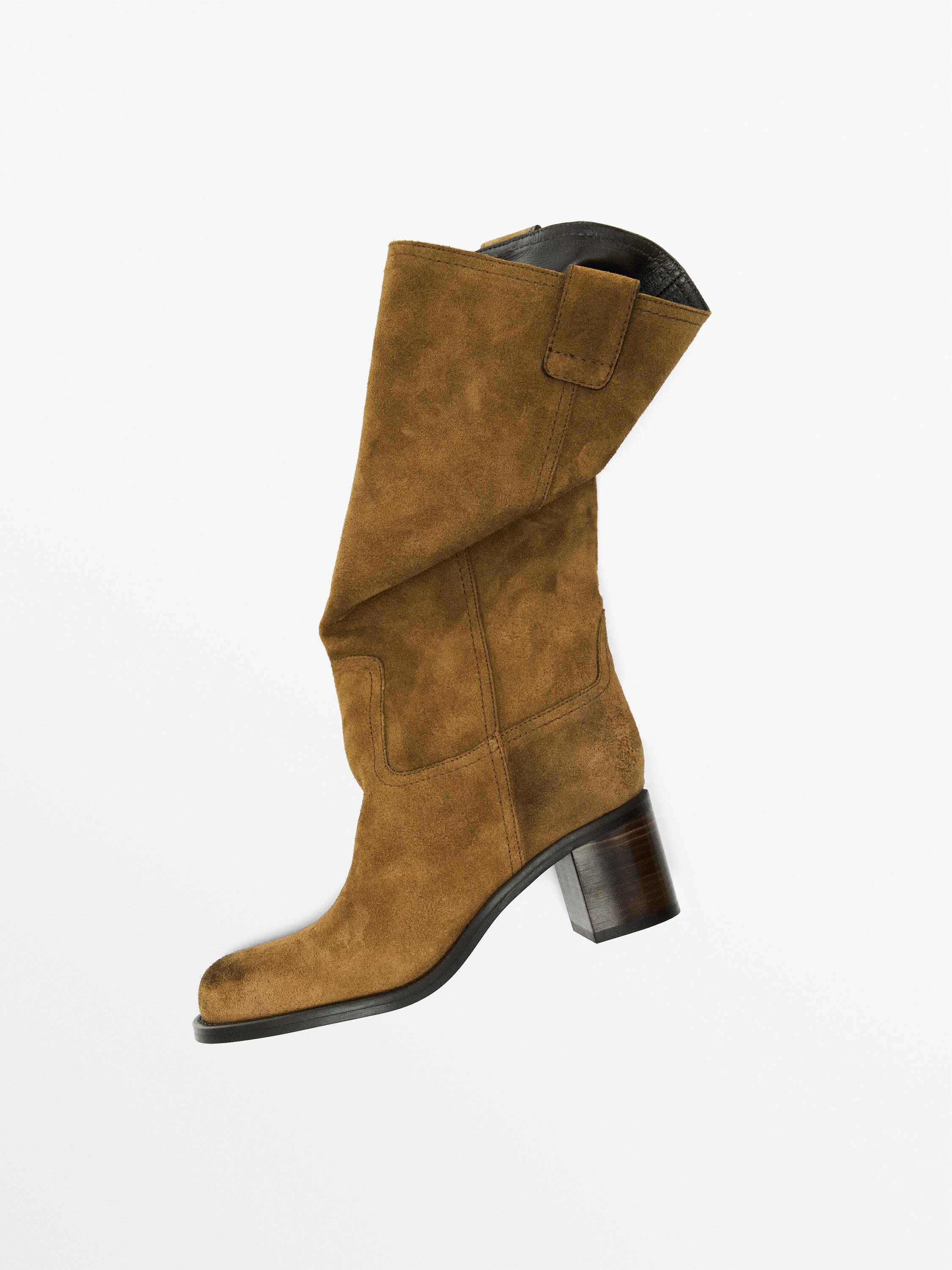 Ботинки из матовой спилковой кожи на каблуке Massimo Dutti, коричневый — фото 3