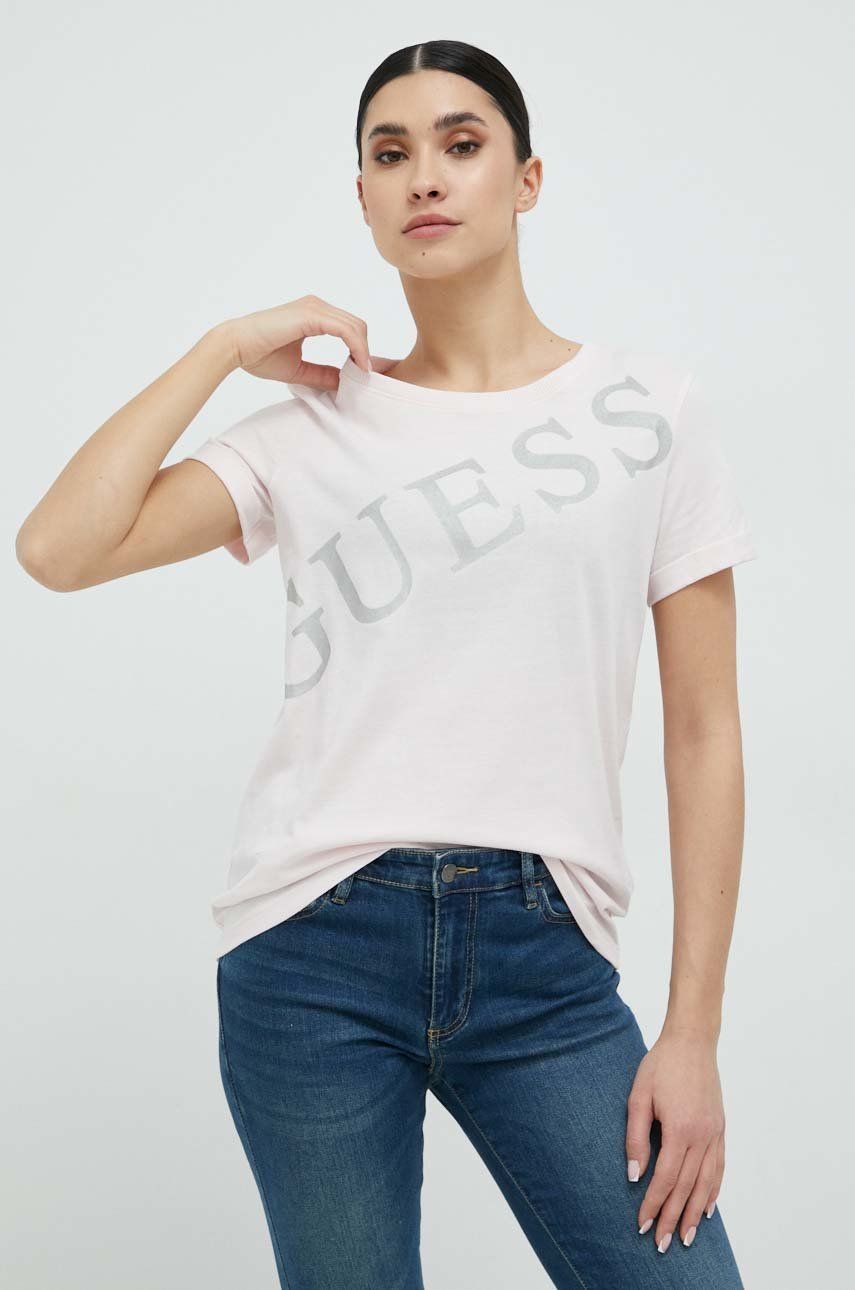 

Хлопковая футболка Guess, розовый