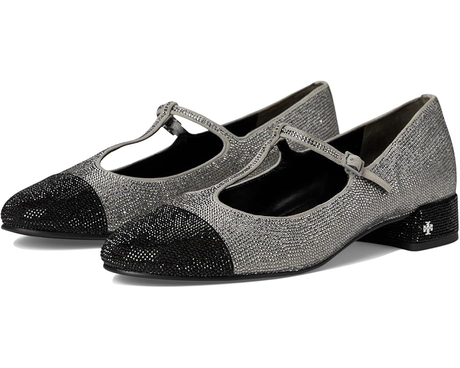 Туфли на плоской подошве Tory Burch Cap-Toe T-Strap Pave Heel Ballet 25 mm, цвет Lapis Gray/Black Diamond