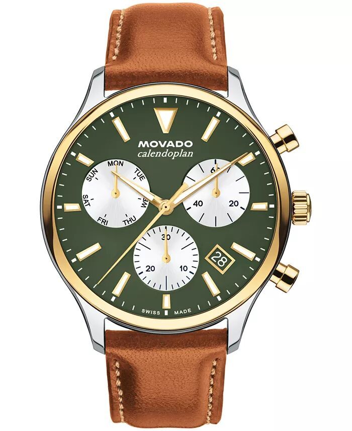 

Мужские кожаные часы Calendoplan Swiss Quartz Chrono Cognac 43 мм Movado