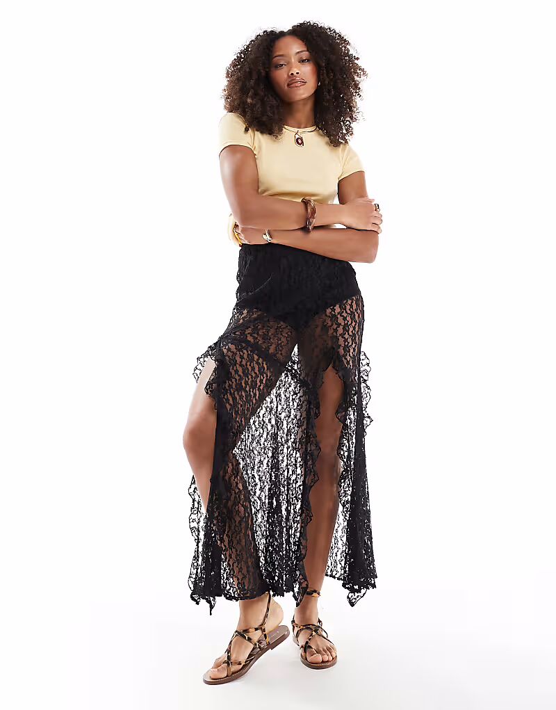 

Юбка макси с кружевными оборками ASOS DESIGN черного цвета
