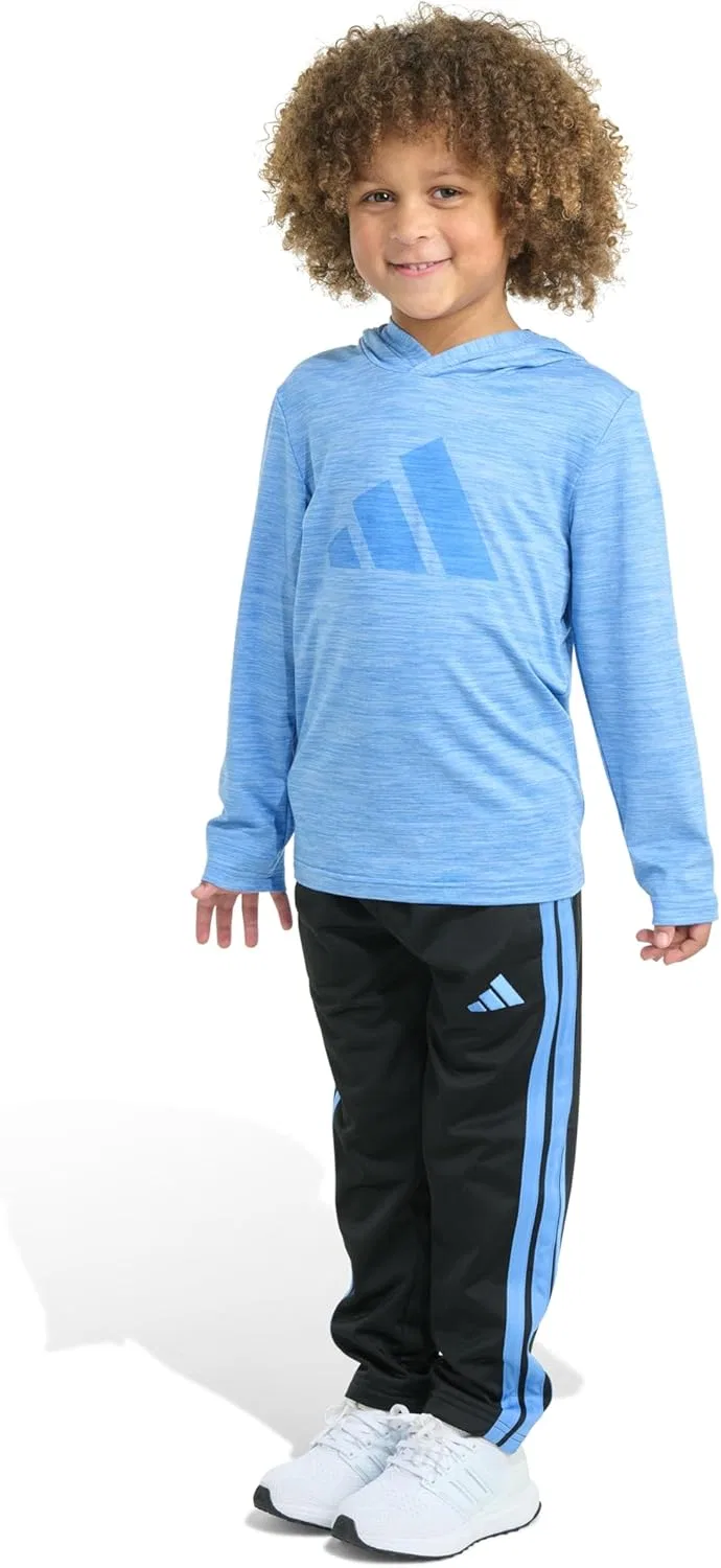 Детский комплект Adidas из двух предметов: футболка с длинными рукавами и капюшоном, меланжевая, и брюки, Blue With Light Blue Mélange — фото 2