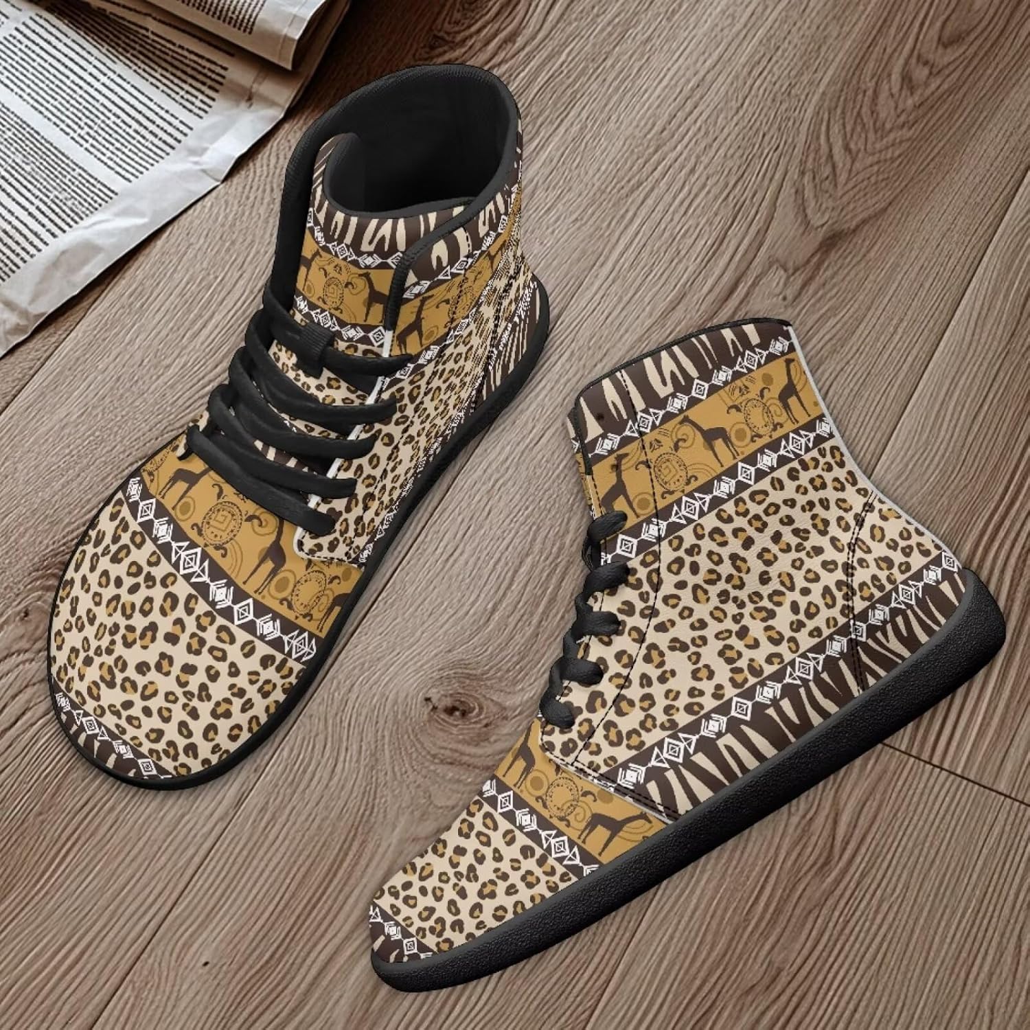 Кроссовки Binienty High Top Barefoot для женщин и мужчин, модные с нулевым перепадом, водонепроницаемые походные ботинки из ПУ-кожи, Tribal Leopard Giraffe — фото 2