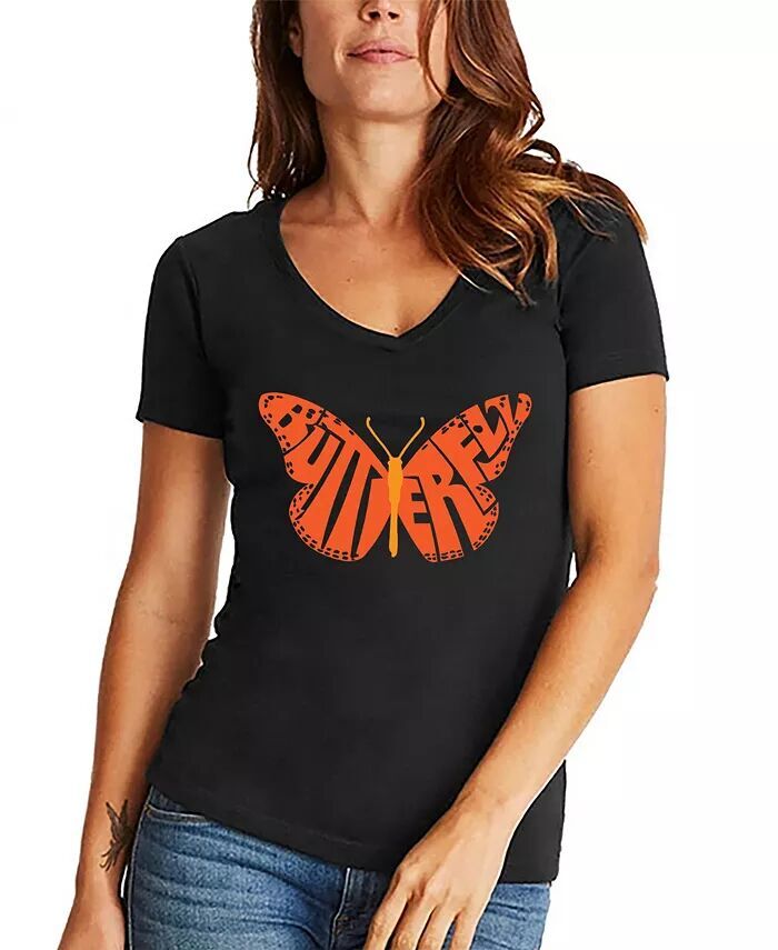 

Женская футболка с v-образным вырезом и надписью Word Art Butterfly La Pop Art, черный