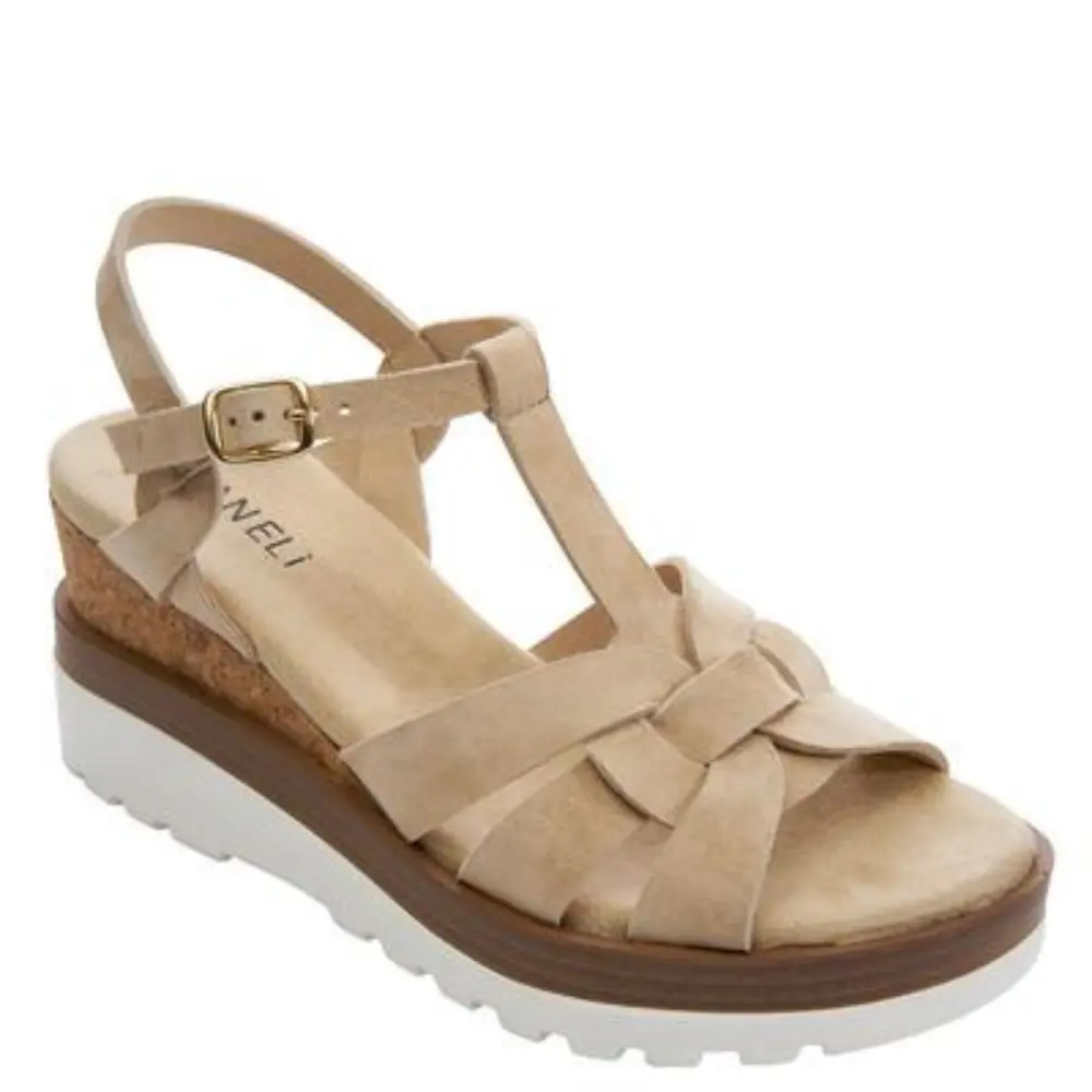 Vaneli Carly Sandals Women's Beige Suede Ankle Strap Wedge Heel VER637