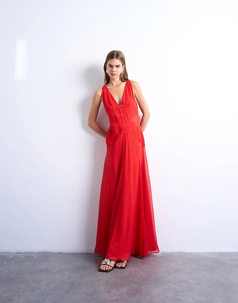 

Платье Topshop для торжеств с глубоким декольте и широким подолом, с прозрачными вставками, красного цвета