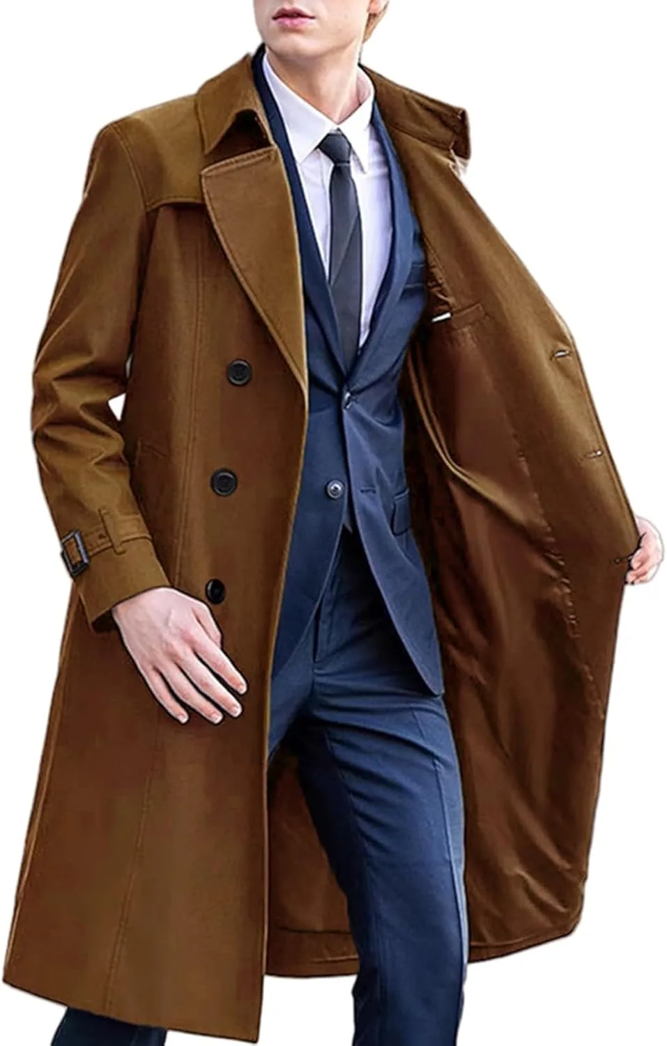 Мужское тренч пальто Single Breasted Slim Fit средней плотности с лацканами длинное осеннее повседневное винтажное ветрозащитное пальто Peacoat Generic, коричневый