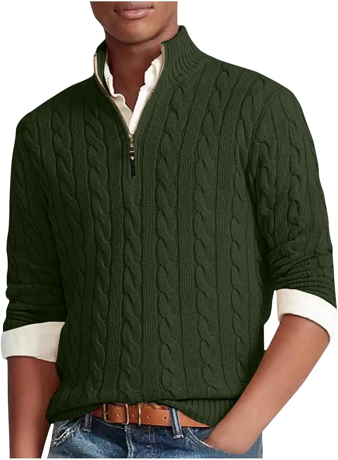 

Мужской свитер с четвертью молнии Slim Fit, кабельная вязка, поло с воротником QUNPIU