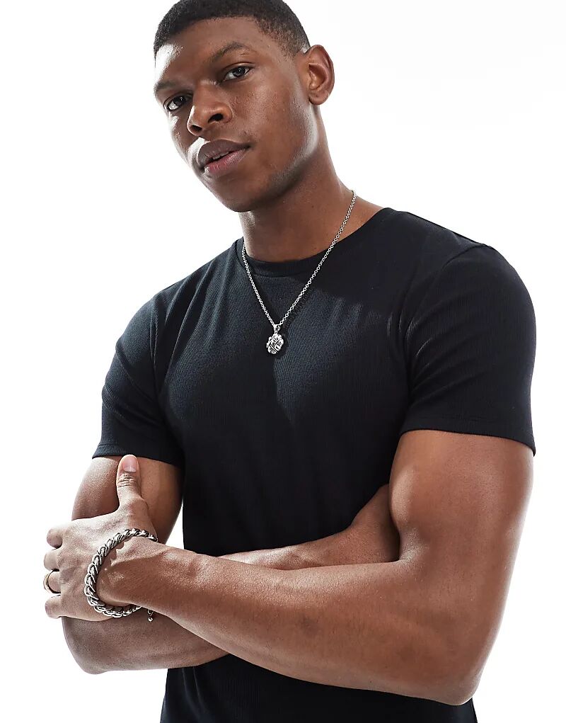 

Футболка ASOS DESIGN Essential Muscle Fit из черной ткани в рубчик