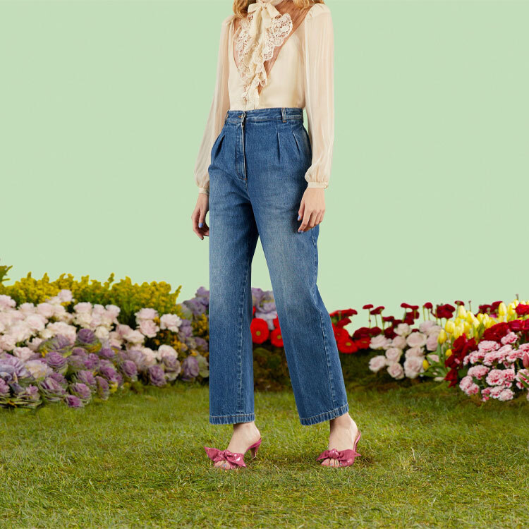 Джинсы женские Gucci с китайским новогодним принтом, оригинальный крой, синий — фото 4