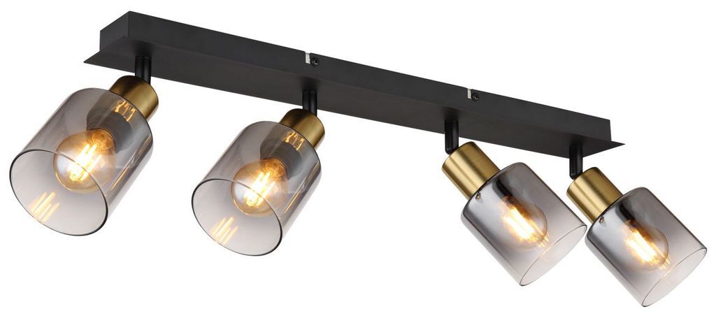 

Прожектор Globo Lighting металл черный матовый, металл золотого цвета матовый, стекло дымчатое, прозрачный градиент, ДхШхВ: 550x80x180мм, без 4x E14 25Вт 230В