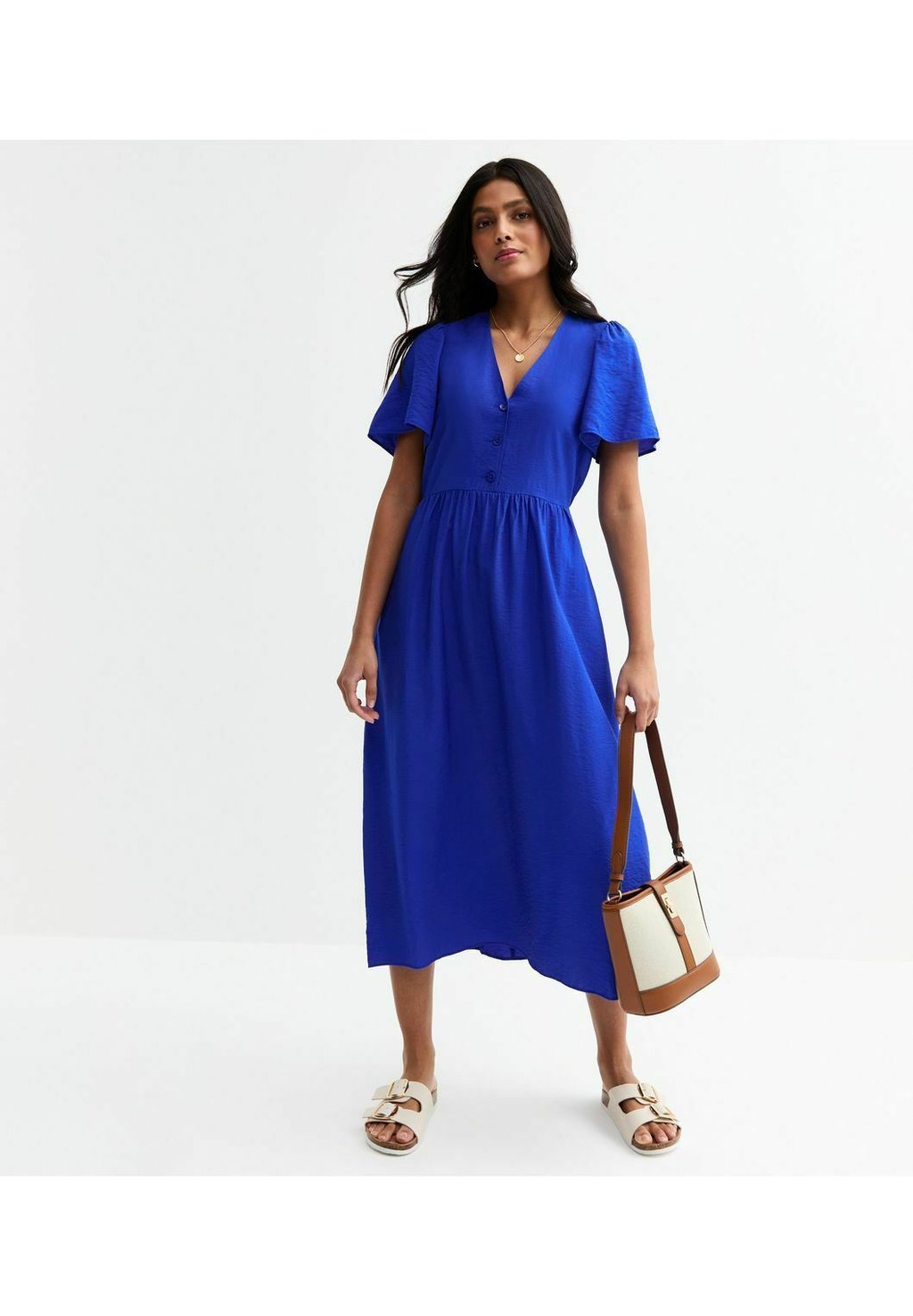 

Повседневное платье FLUTTER SLEEVE BUTTON FRONT MIDI New Look, синий